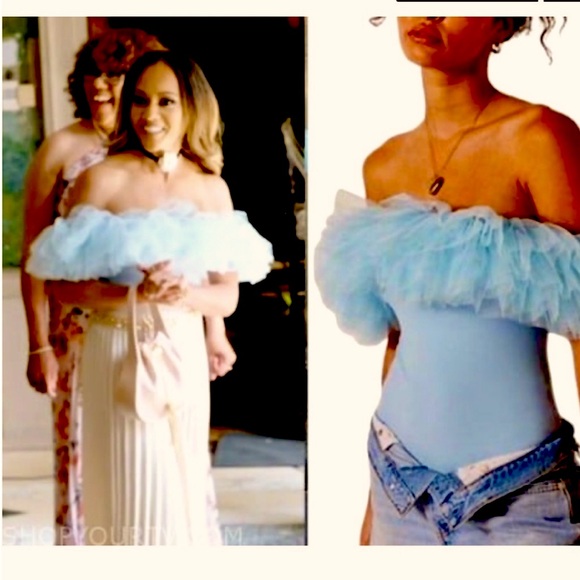 Free People Big Love Blue Tulle Trim Off The Shoulder Thong Bodysuit Size Medium - Picture 2 of 7